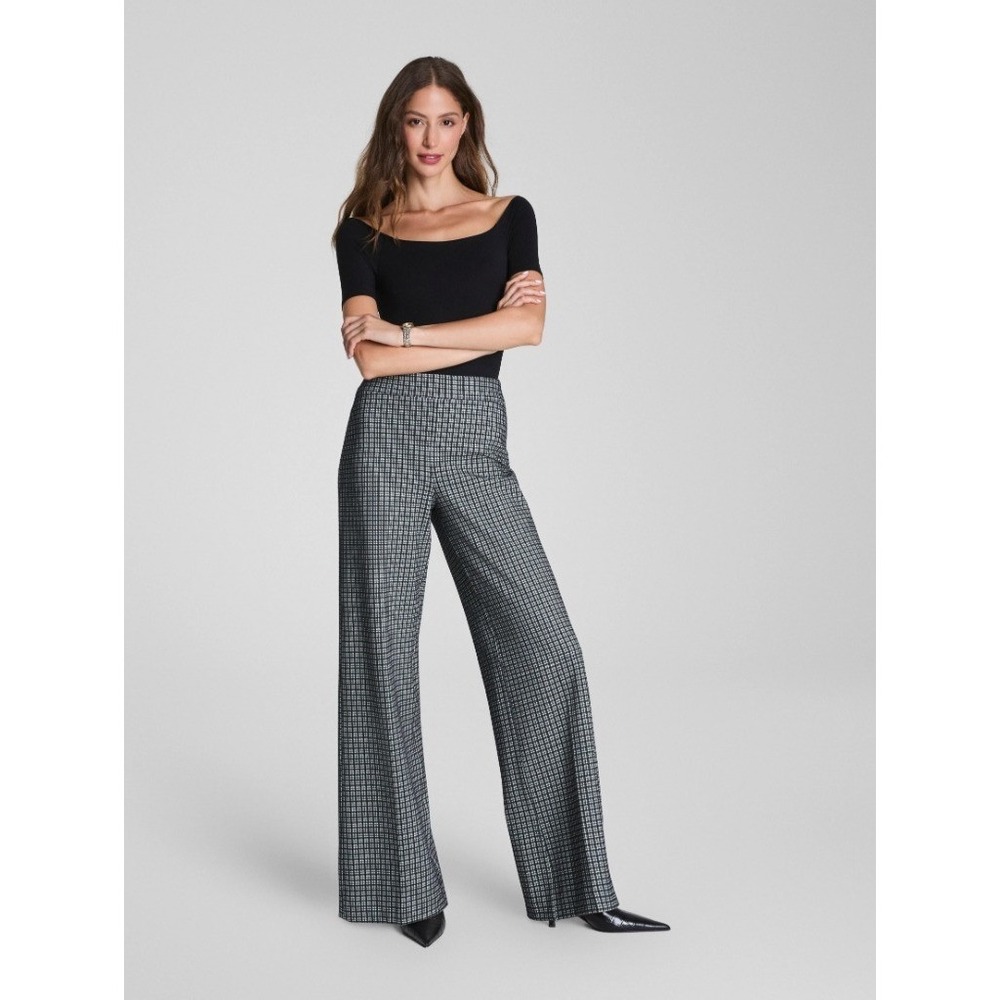 SPANX Ponte Wide Leg Jacquard Pants Size 1X Black White Plaid Pull On